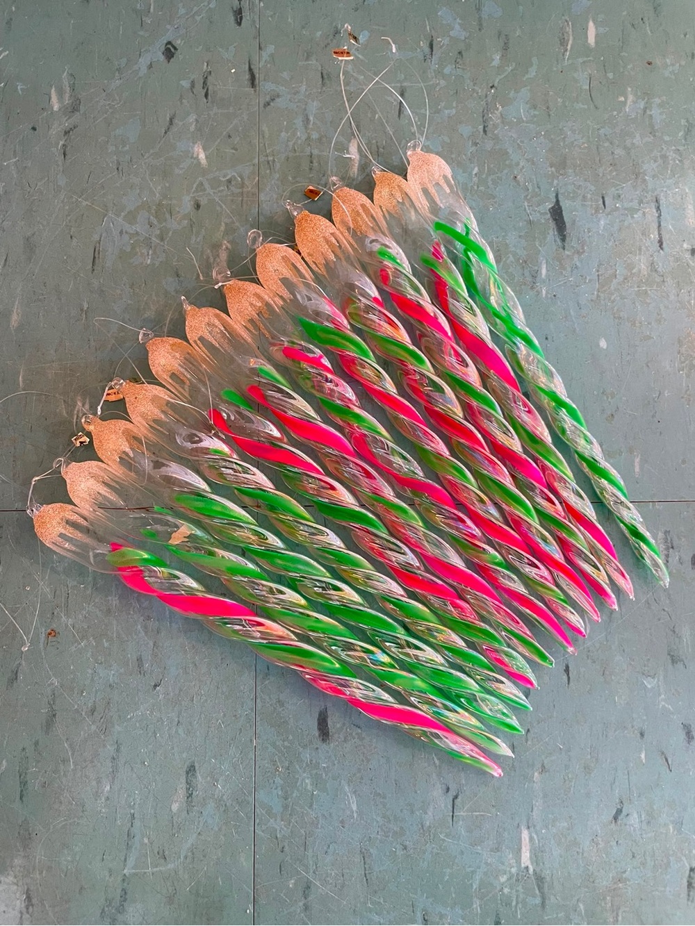 Vintage 12 blown glass icicle ornaments neon pink green paint
